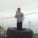 Rob in a pile of tires.